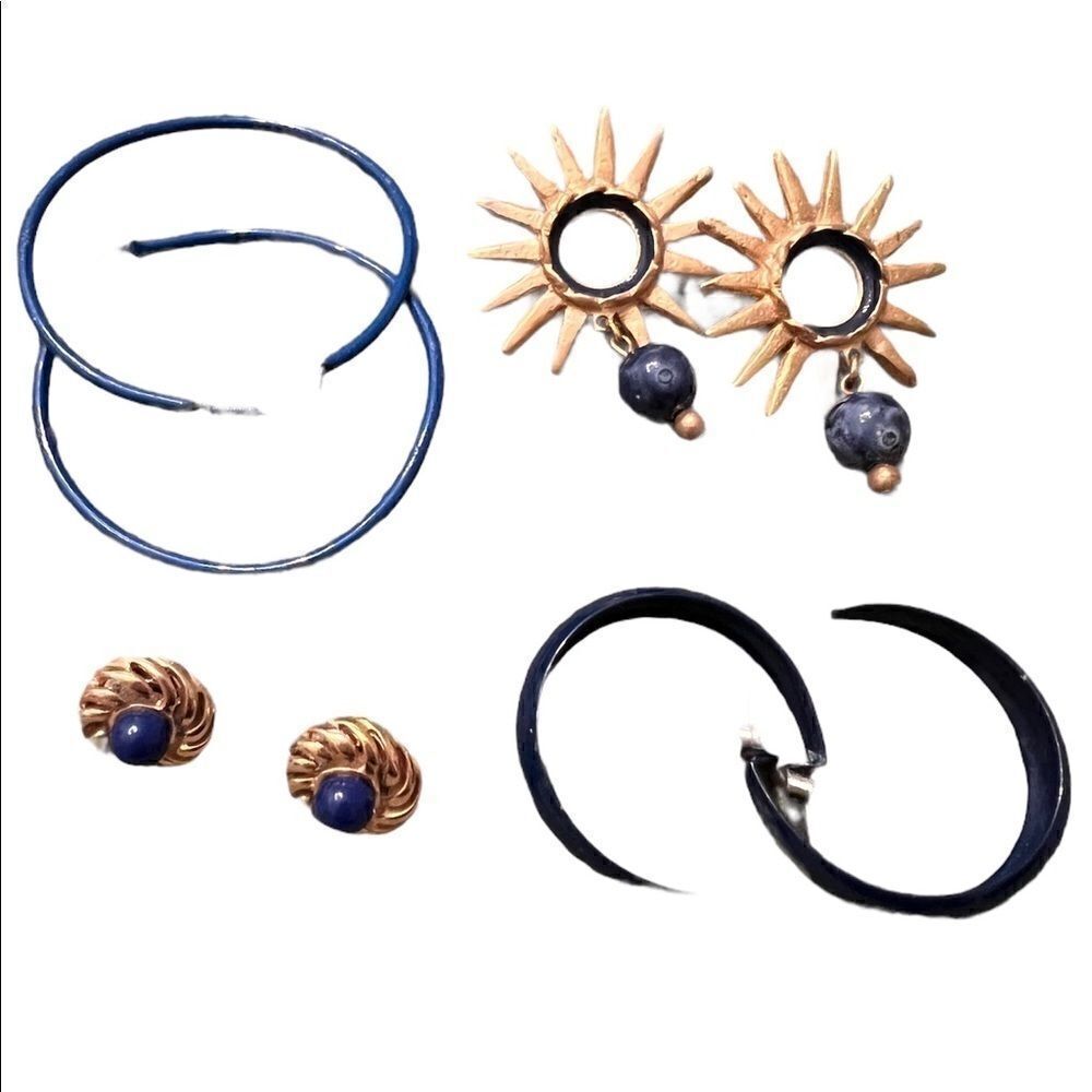 4 pair of blue earrings hoops studs and dangly gently used